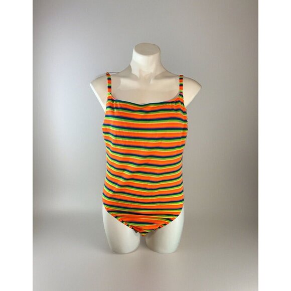 CORAL KEY Orange blue striped One Piece Bathing Swimsuit Womens size 12 Swimwear - Picture 1 of 9